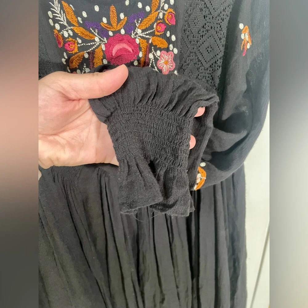 Free People Dress Size Medium Mini Black Boho Embroidered Festival Fall Lined - Picture 6 of 12